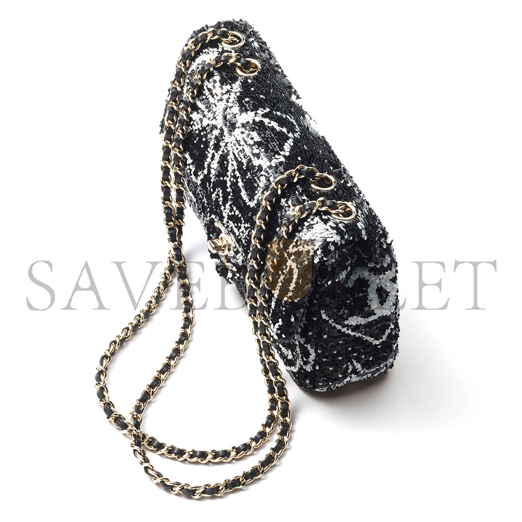 Ch*el flap bag sequins & gold-tone metal black & white as4561 (21*14*8cm)